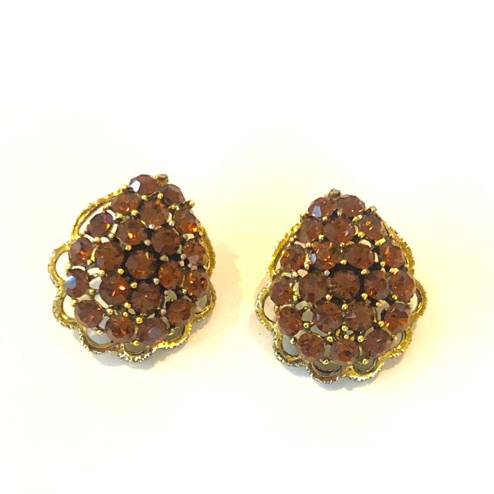 Vintage Weiss Brown/Gold Rhinestone Clip Earrings